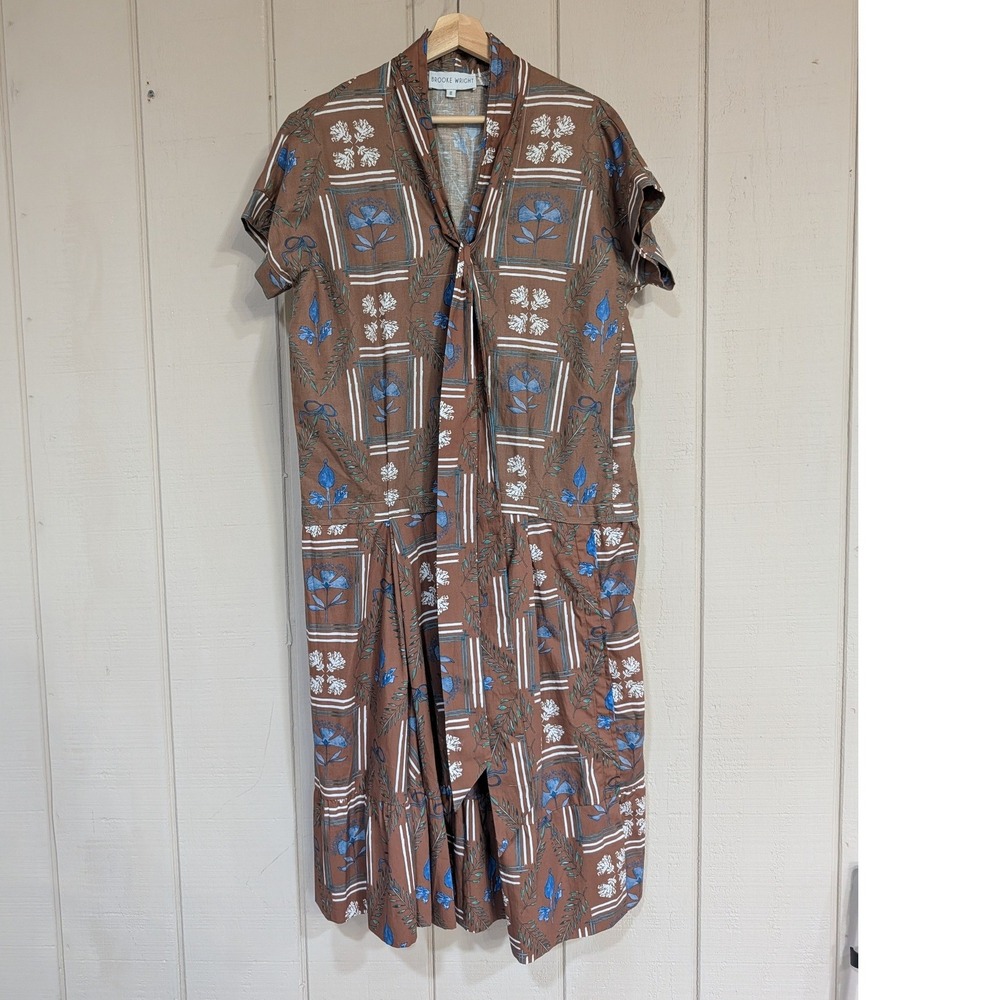 Brooke Wright OS Brown Floralβ Tile Print Tie Neck Ruffle Hem Midi Dress OS